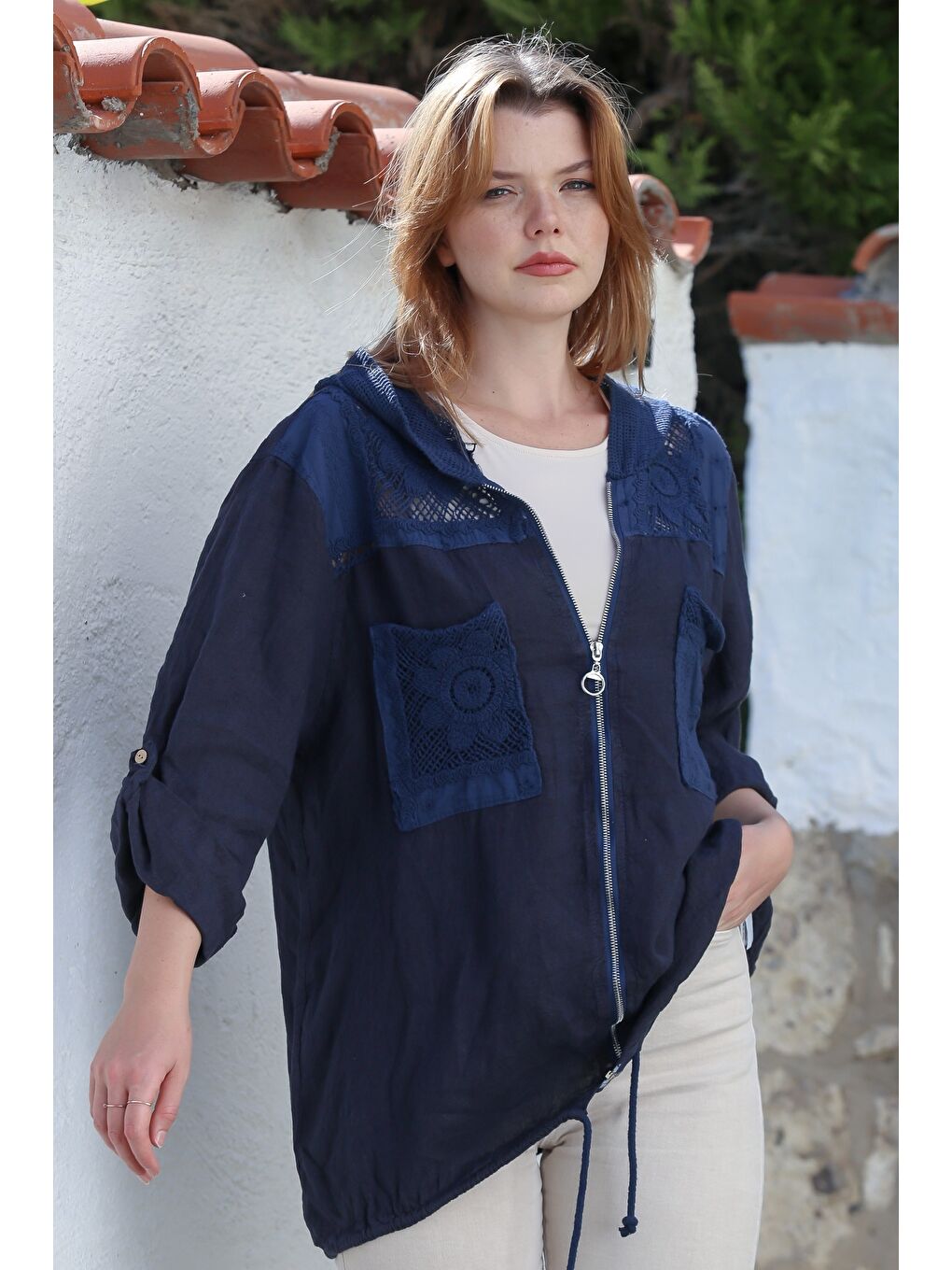 İtalyan Lacivert Kapüşonlu Düğmeli Uzun Kollu Fermuarlı Cepli File Detaylı Keten Dokuma Ceket 75 65-5