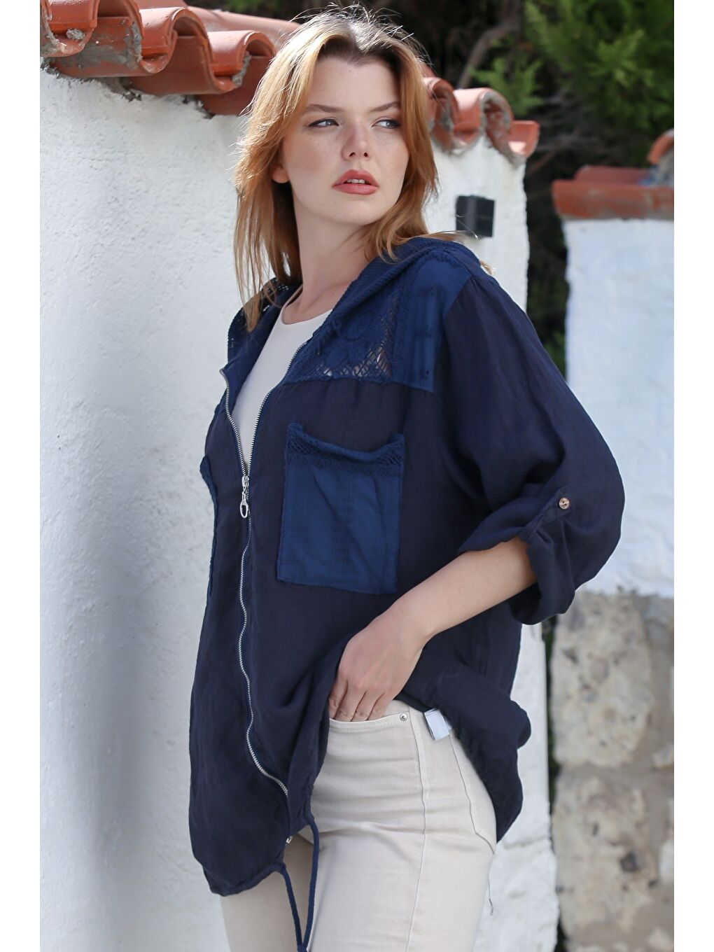 İtalyan Lacivert Kapüşonlu Düğmeli Uzun Kollu Fermuarlı Cepli File Detaylı Keten Dokuma Ceket 75 65-6