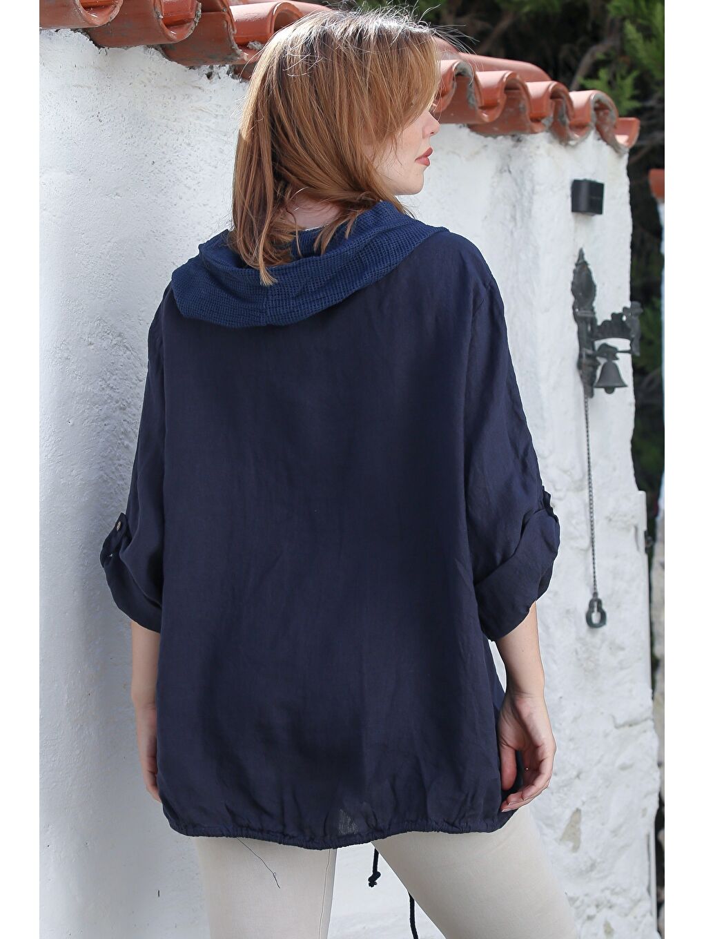 İtalyan Lacivert Kapüşonlu Düğmeli Uzun Kollu Fermuarlı Cepli File Detaylı Keten Dokuma Ceket 75 65-7
