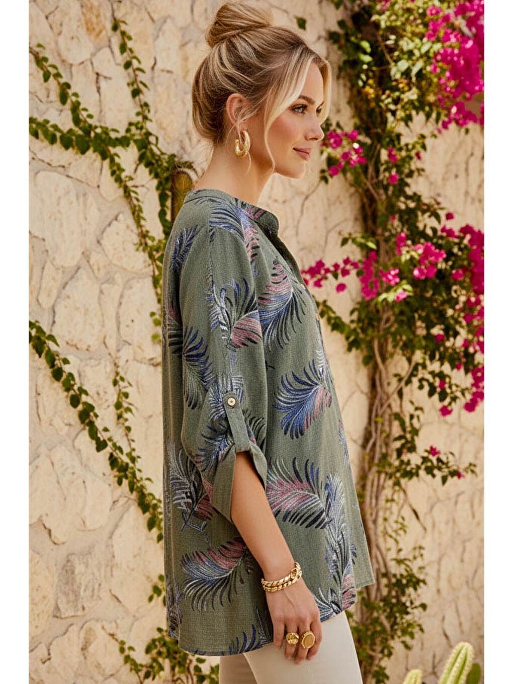 İtalyan Koyu Haki Hakim Yaka Düğmeli 3/4 Kol Yaprak Desenli Cepli Keten Görünümlü Dokuma Bluz 75 65-2