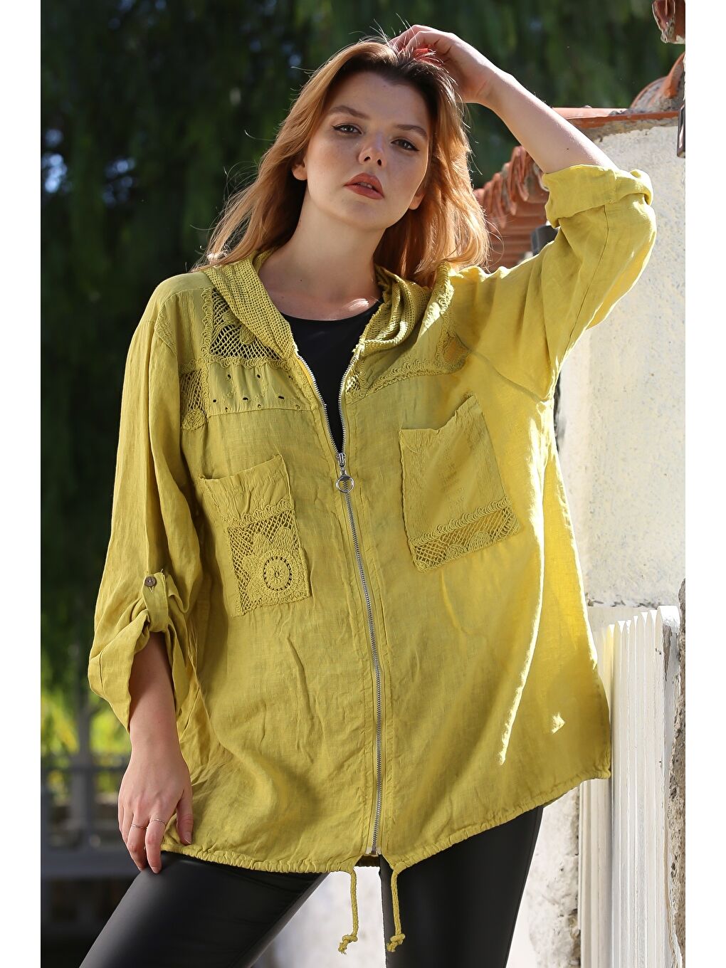 Sarı İtalyan Hardal Kapüşonlu Düğmeli Uzun Kollu Fermuarlı Cepli File Detaylı Keten Dokuma Ceket 75 65-2