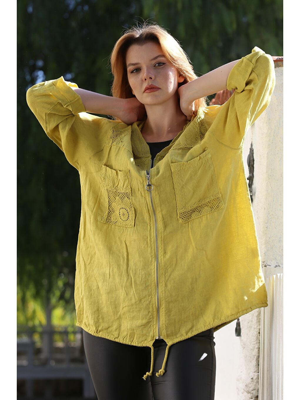 Sarı İtalyan Hardal Kapüşonlu Düğmeli Uzun Kollu Fermuarlı Cepli File Detaylı Keten Dokuma Ceket 75 65-3