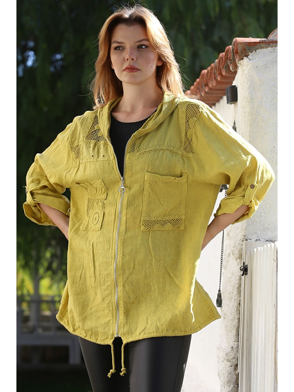Sarı İtalyan Hardal Kapüşonlu Düğmeli Uzun Kollu Fermuarlı Cepli File Detaylı Keten Dokuma Ceket 75 65-4