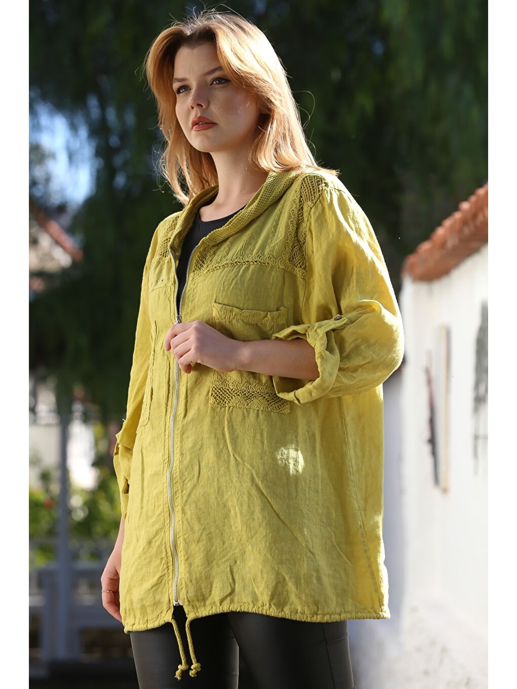 Sarı İtalyan Hardal Kapüşonlu Düğmeli Uzun Kollu Fermuarlı Cepli File Detaylı Keten Dokuma Ceket 75 65-5