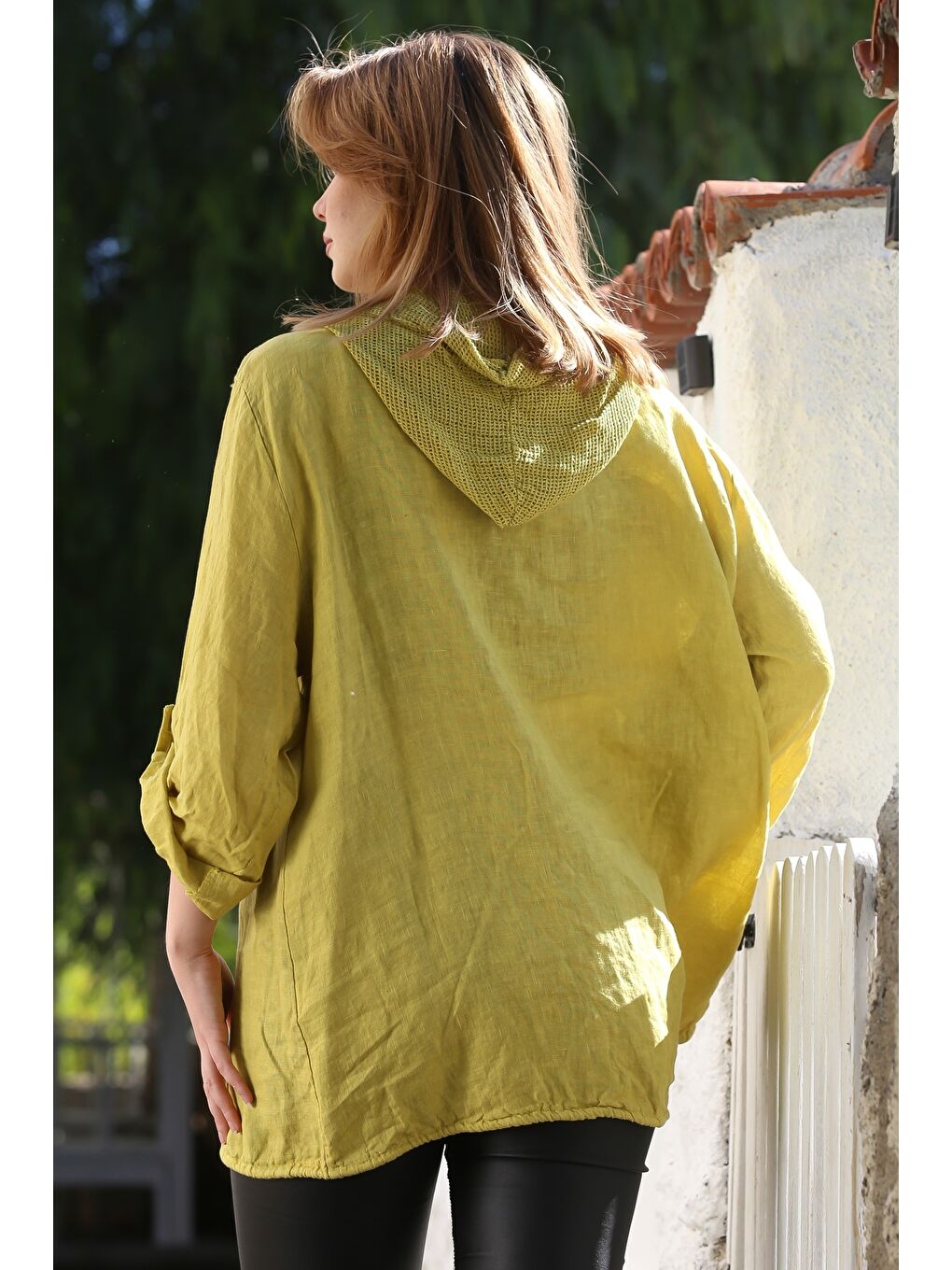 Sarı İtalyan Hardal Kapüşonlu Düğmeli Uzun Kollu Fermuarlı Cepli File Detaylı Keten Dokuma Ceket 75 65-6