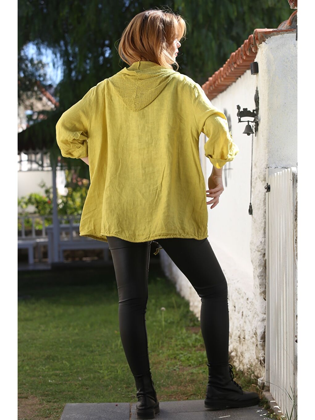 Sarı İtalyan Hardal Kapüşonlu Düğmeli Uzun Kollu Fermuarlı Cepli File Detaylı Keten Dokuma Ceket 75 65-7