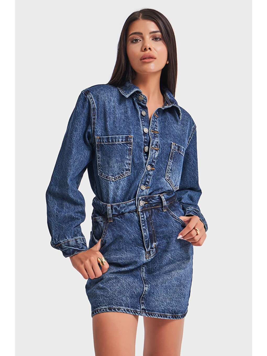 it's basic Mavi Kadın Jean Rengi %100 Pamuk Düğmeli Mini Denim Elbise