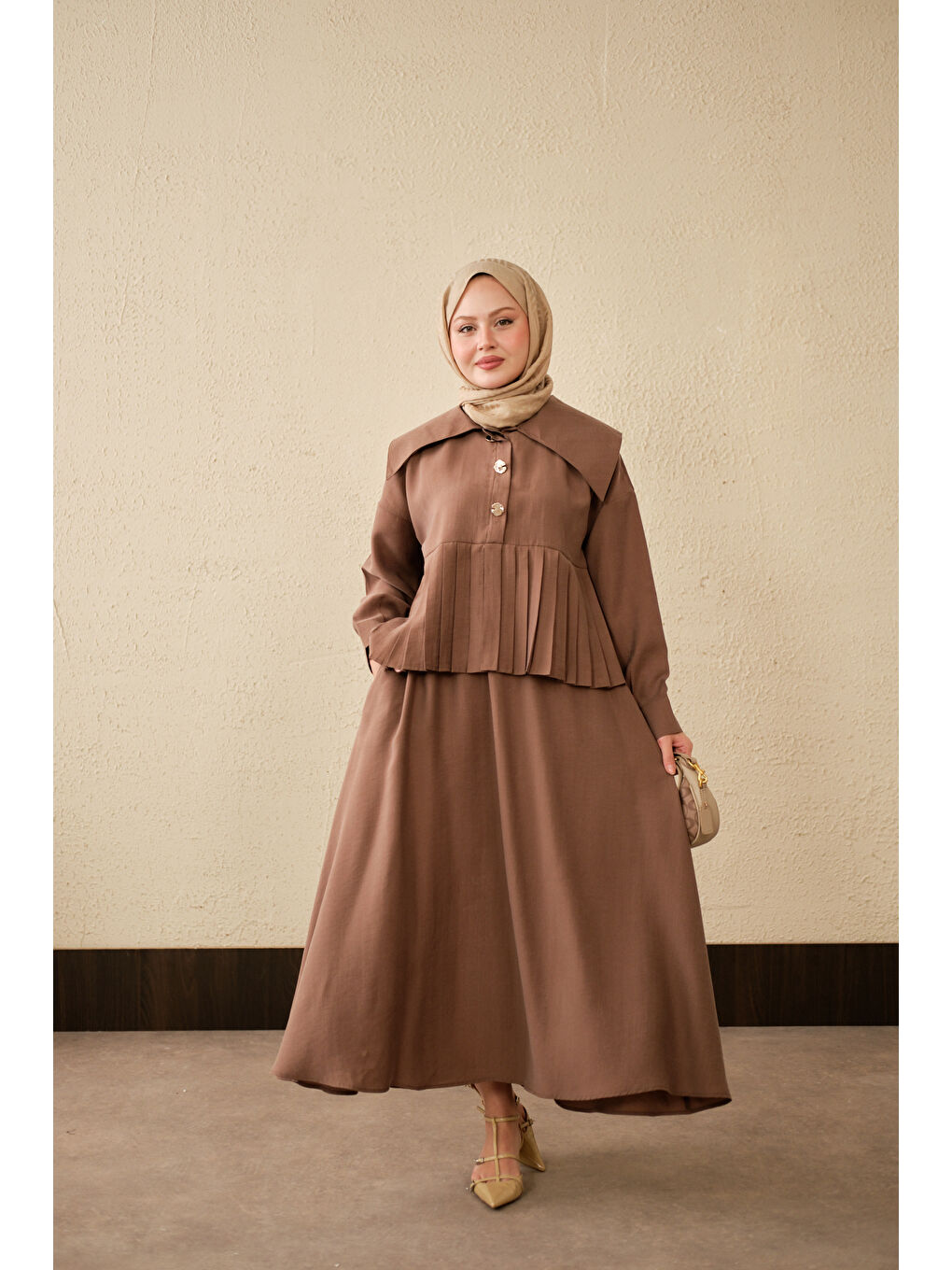 Kadın Gemici Yaka Fırfır Detay Takım Kahverengi-1