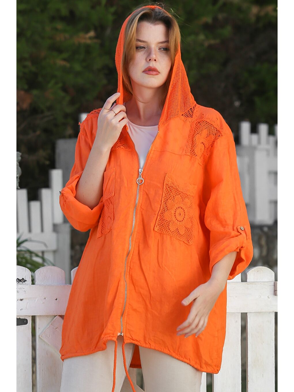 İtalyan Turuncu Kapüşonlu Düğmeli Uzun Kollu Fermuarlı Cepli File Detaylı Keten Dokuma Ceket 75 65-2