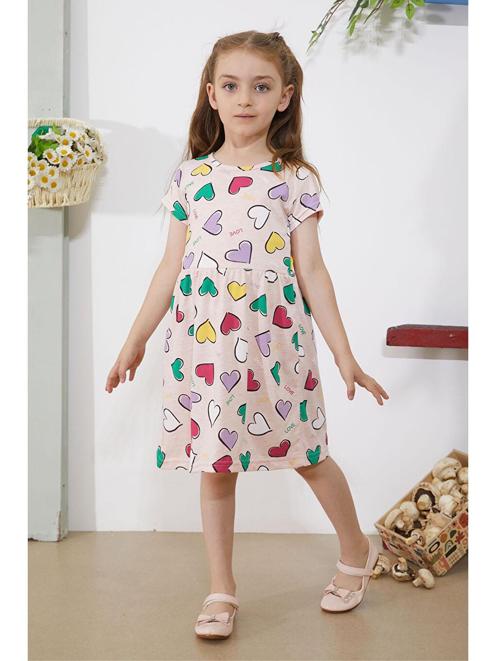 Pembe Somon Kalp Baskılı Kısa Kollu Kız Çocuk Elbise 18783-3