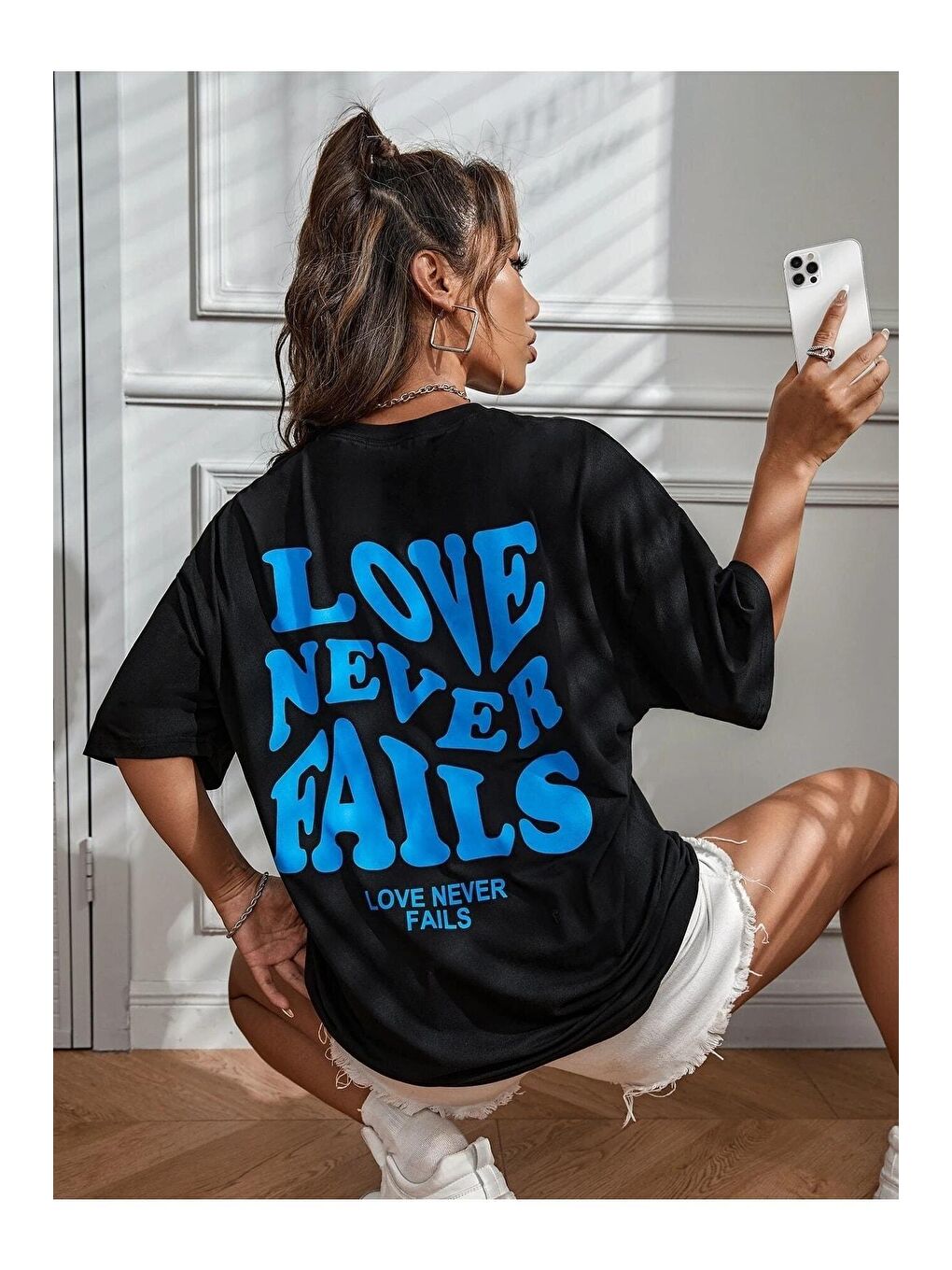 Trendseninle Siyah Kadın Siyah Love Never Fails Baskılı Oversize Tişört - 1