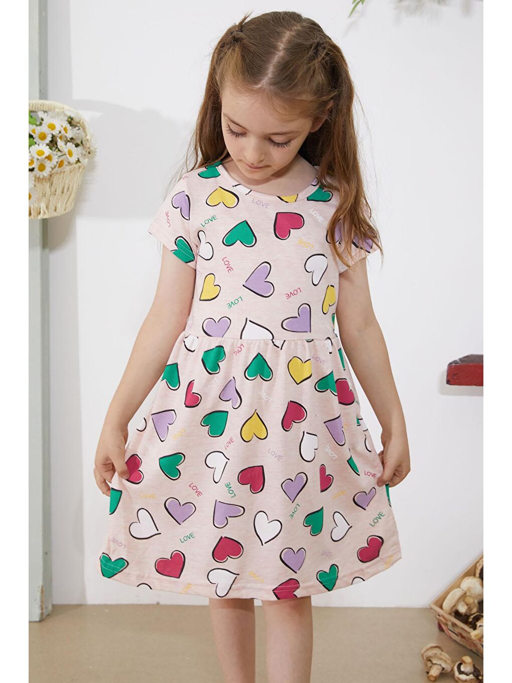 Pembe Somon Kalp Baskılı Kısa Kollu Kız Çocuk Elbise 18783-1