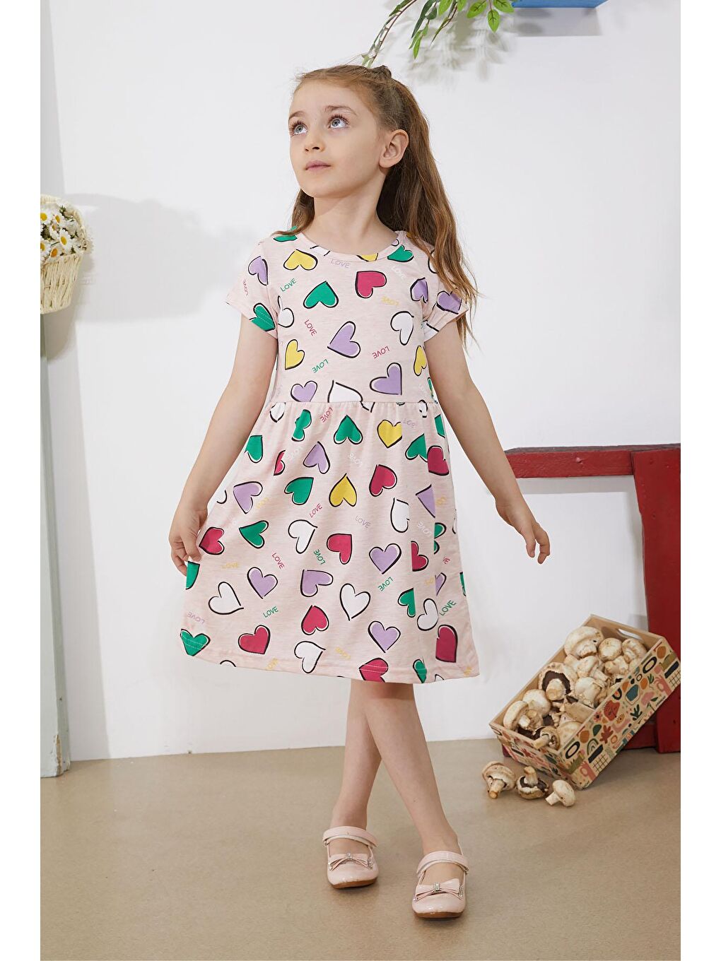 Pembe Somon Kalp Baskılı Kısa Kollu Kız Çocuk Elbise 18783-2