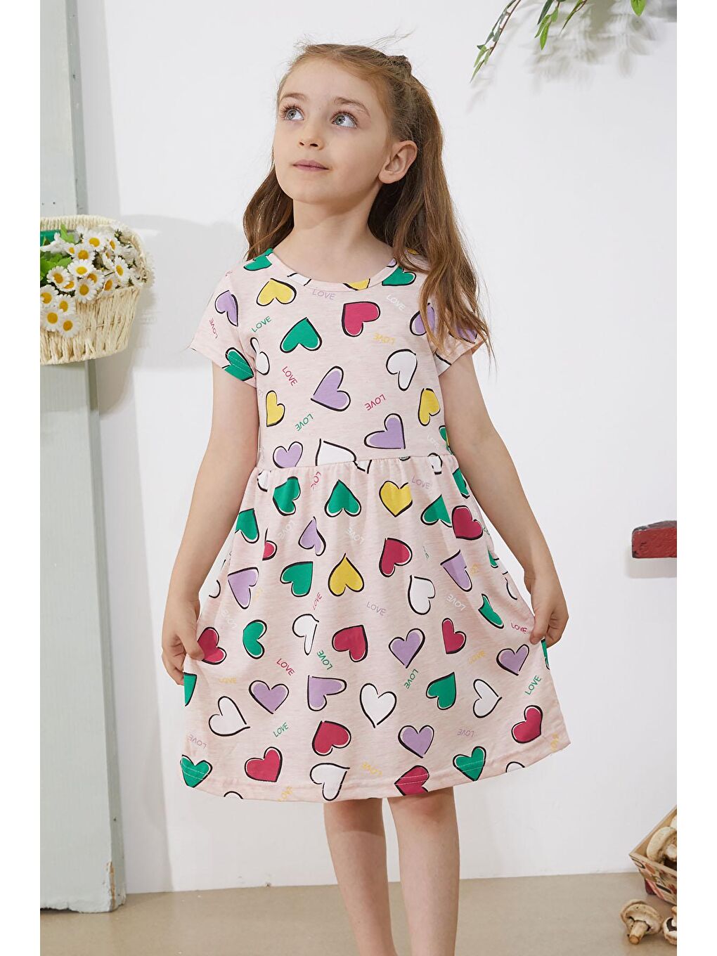 Pembe Somon Kalp Baskılı Kısa Kollu Kız Çocuk Elbise 18783-4