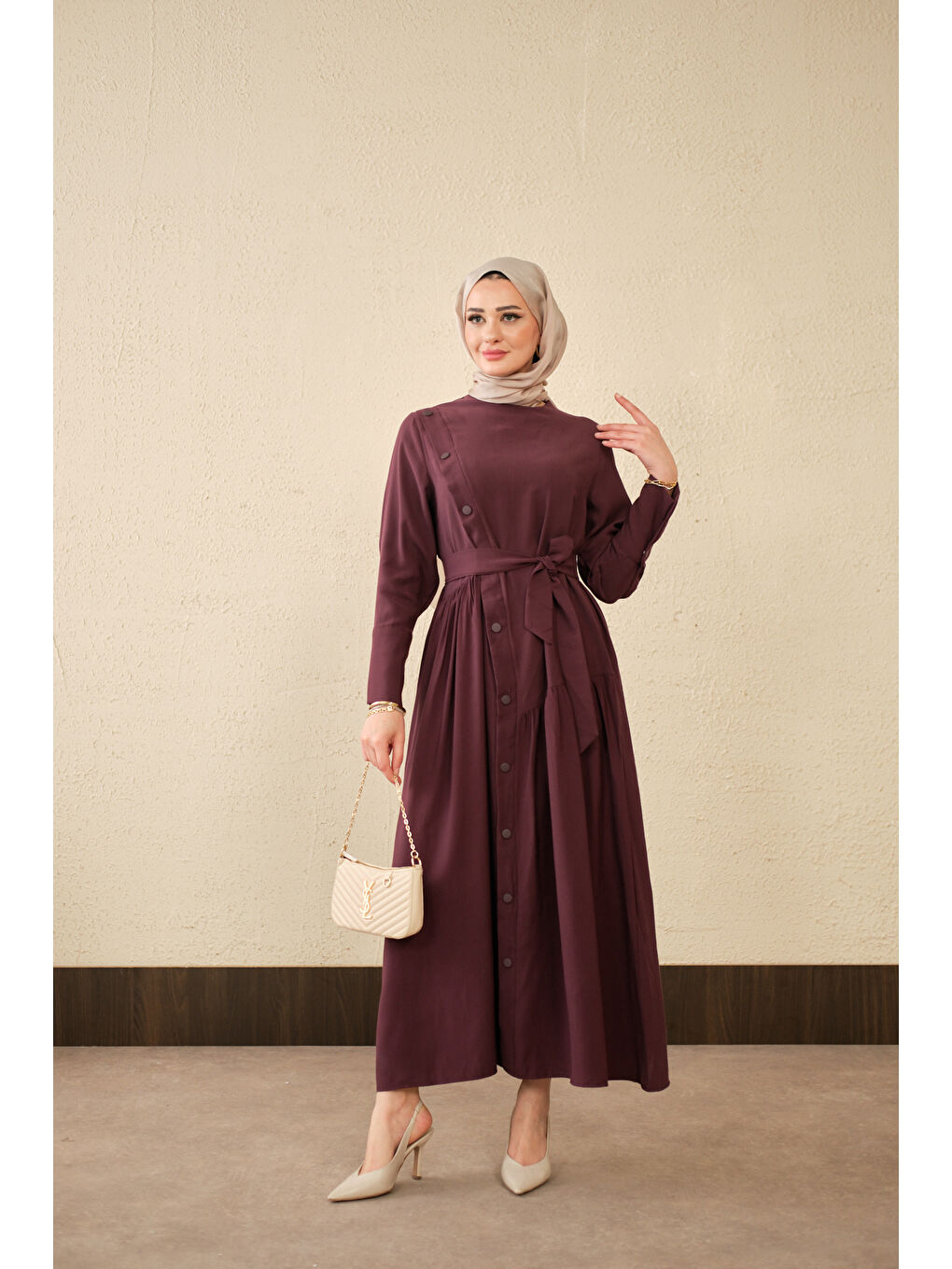 Kadın Düğmeli Etek Büzgülü Bel Bağlamalı Elbise Mürdüm-1
