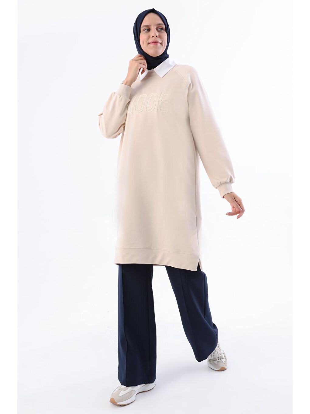 Açık Bej Mode Nakışlı Reglan Kol Tunik-4