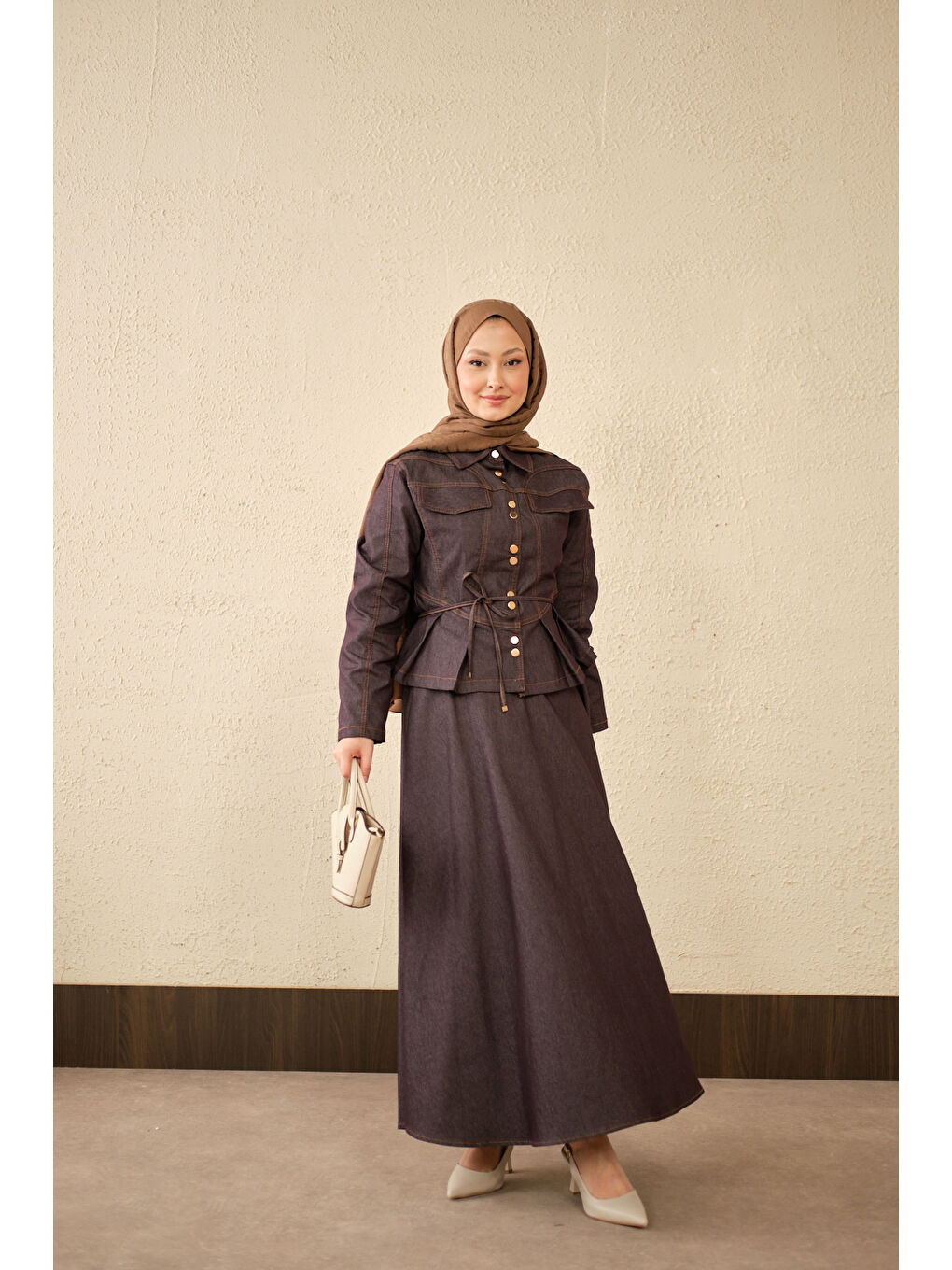 Kadın Çift Cep Görünümlü Dikiş Detay Jean Takım Mor