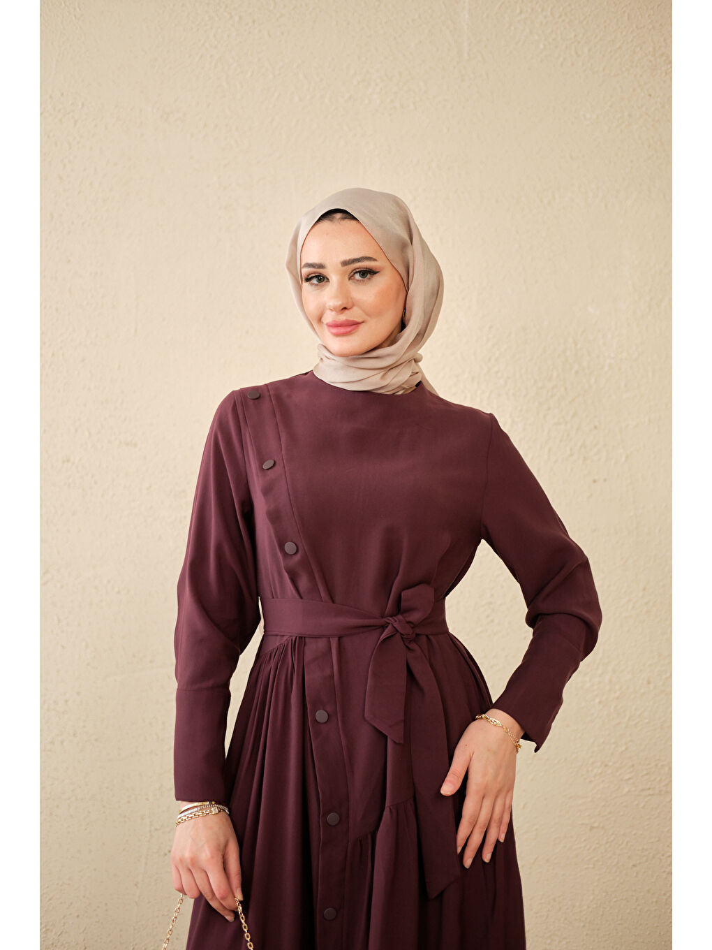 Kadın Düğmeli Etek Büzgülü Bel Bağlamalı Elbise Mürdüm-2