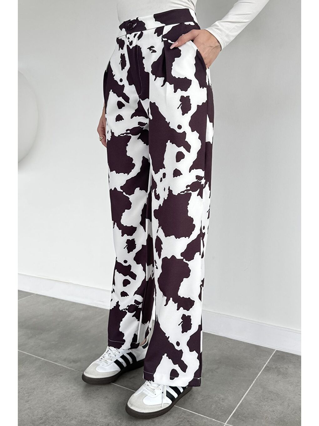 Ekru Kadın Desenli Pantolon