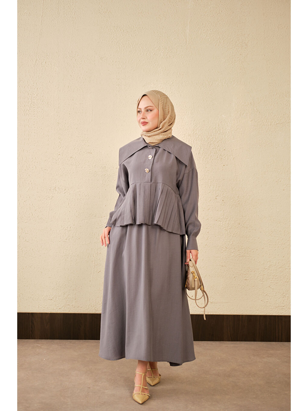 Kadın Gemici Yaka Fırfır Detay Takım Gri-1