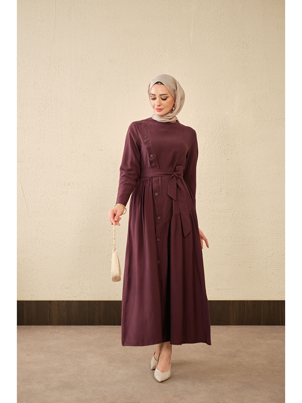 Kadın Düğmeli Etek Büzgülü Bel Bağlamalı Elbise Mürdüm-3
