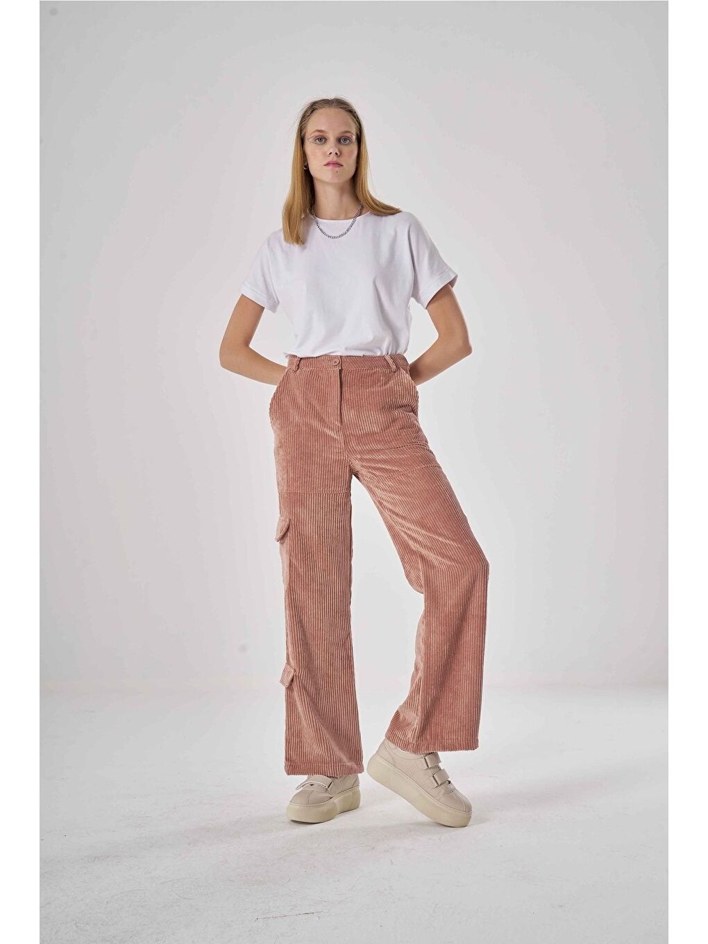 Karışık Fitilli Gül Kurusu Kadife Pantolon