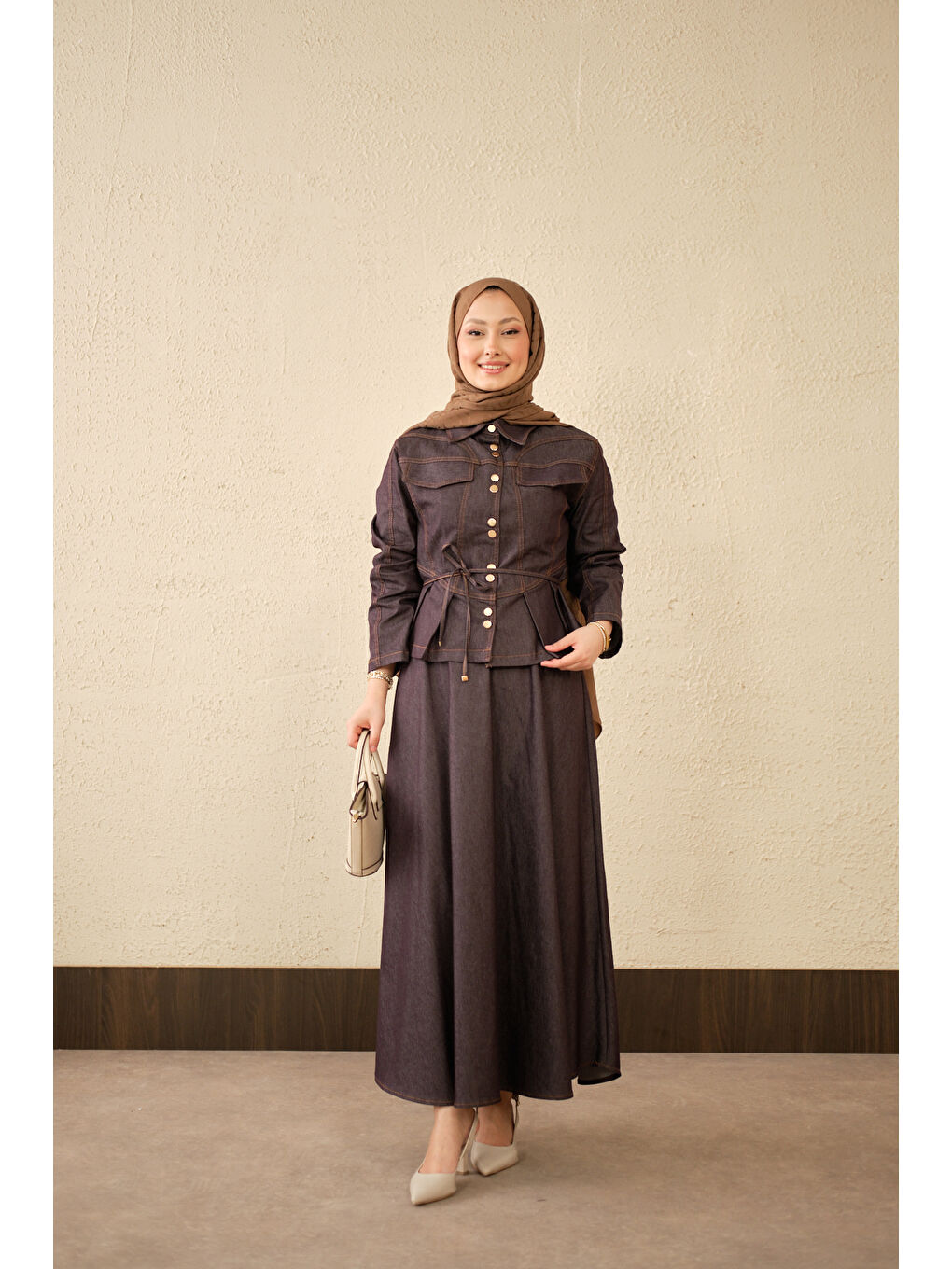 Kadın Çift Cep Görünümlü Dikiş Detay Jean Takım Mor-1