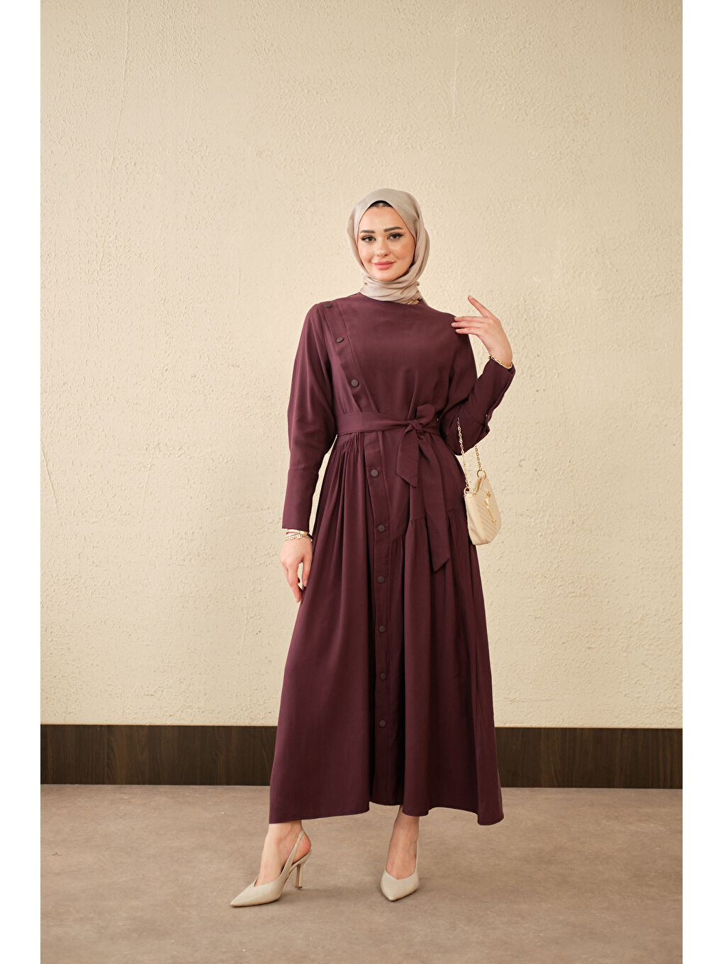 Kadın Düğmeli Etek Büzgülü Bel Bağlamalı Elbise Mürdüm-4