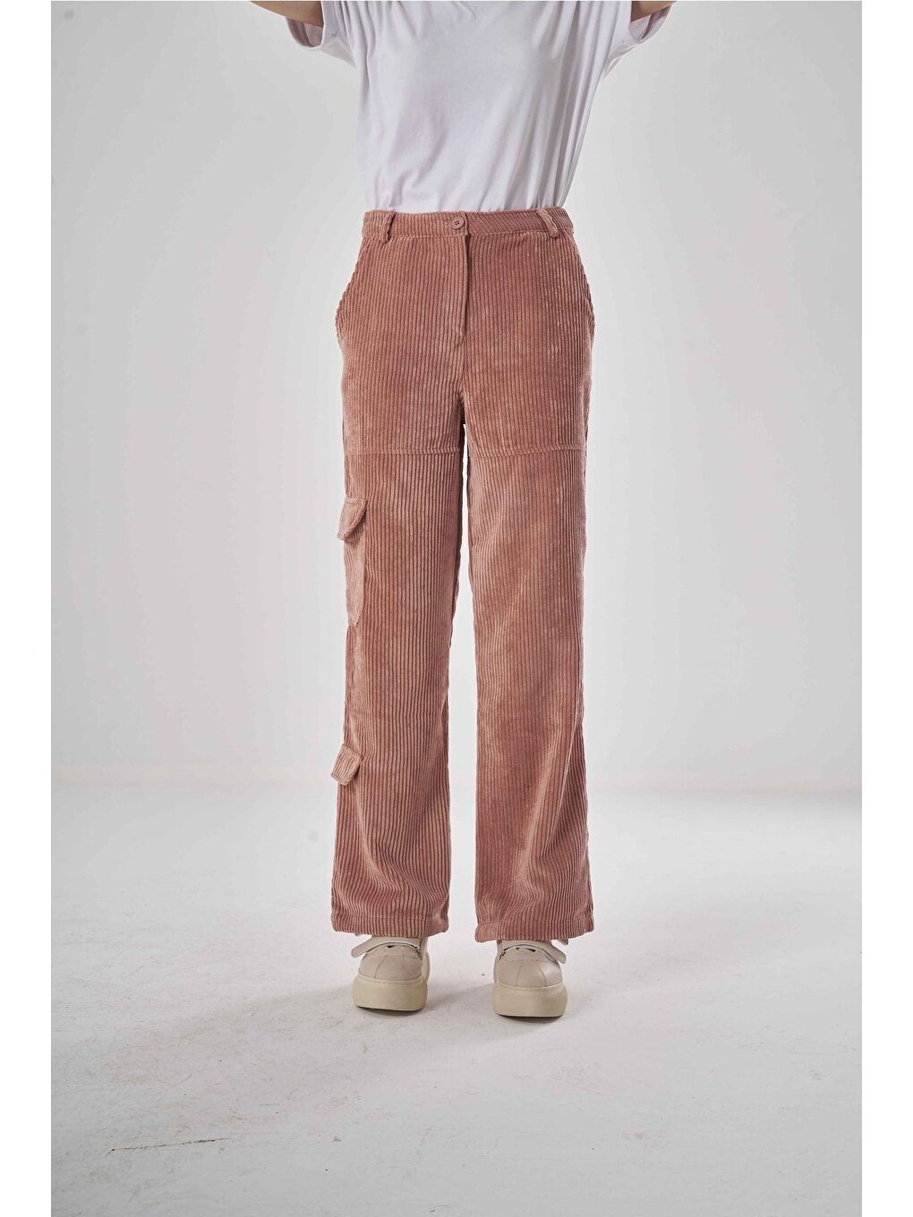 Karışık Fitilli Gül Kurusu Kadife Pantolon-3