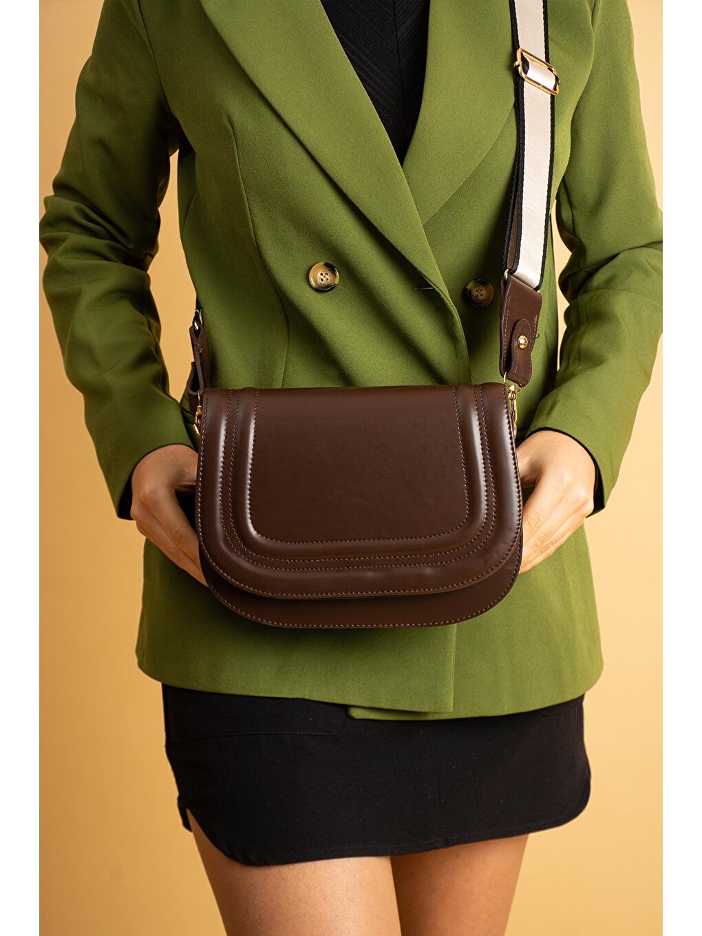 Kahverengi 5 Bölmeli Çizgili Kolon Askılı Kadın El & Omuz Çantası BAG5025-24