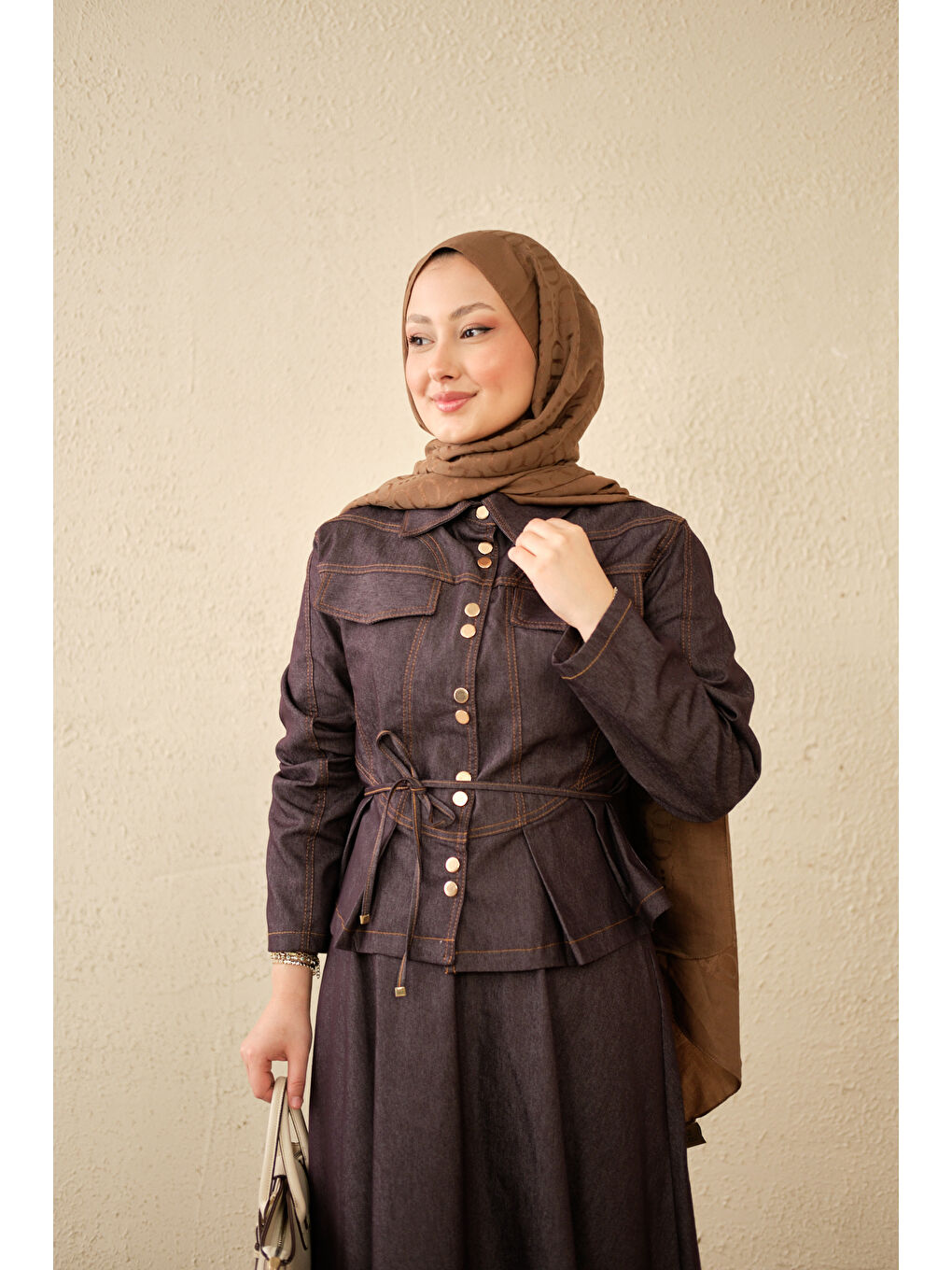 Kadın Çift Cep Görünümlü Dikiş Detay Jean Takım Mor-2