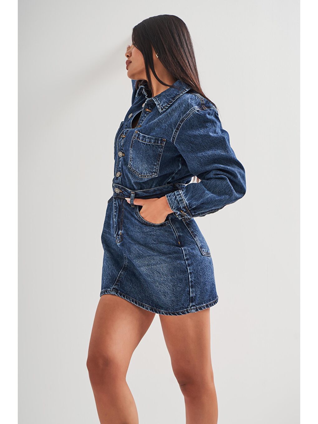 it's basic Mavi Kadın Jean Rengi %100 Pamuk Düğmeli Mini Denim Elbise - 3