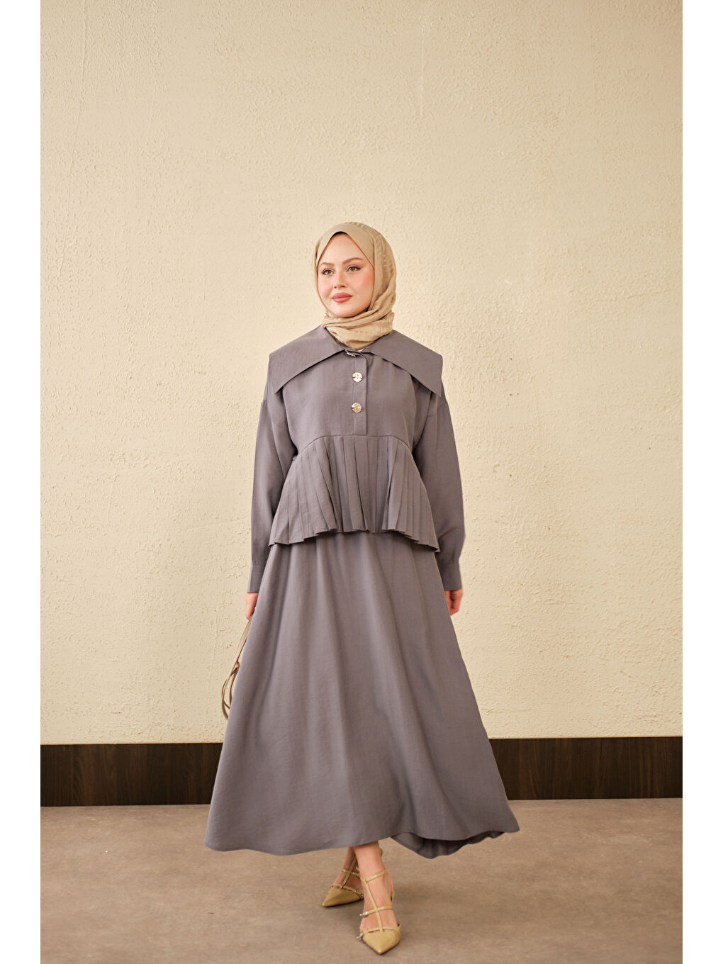 Kadın Gemici Yaka Fırfır Detay Takım Gri-3