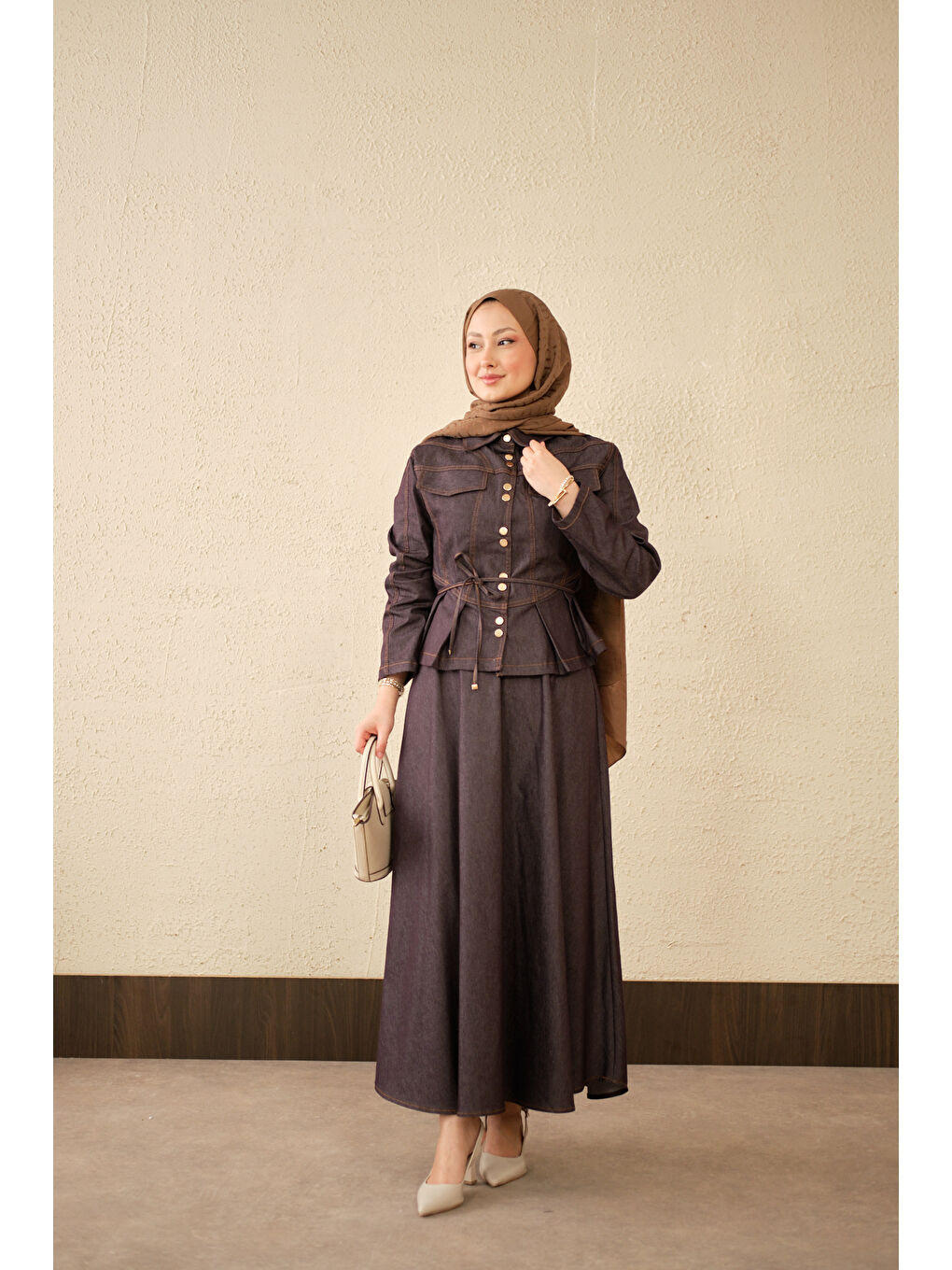 Kadın Çift Cep Görünümlü Dikiş Detay Jean Takım Mor-3