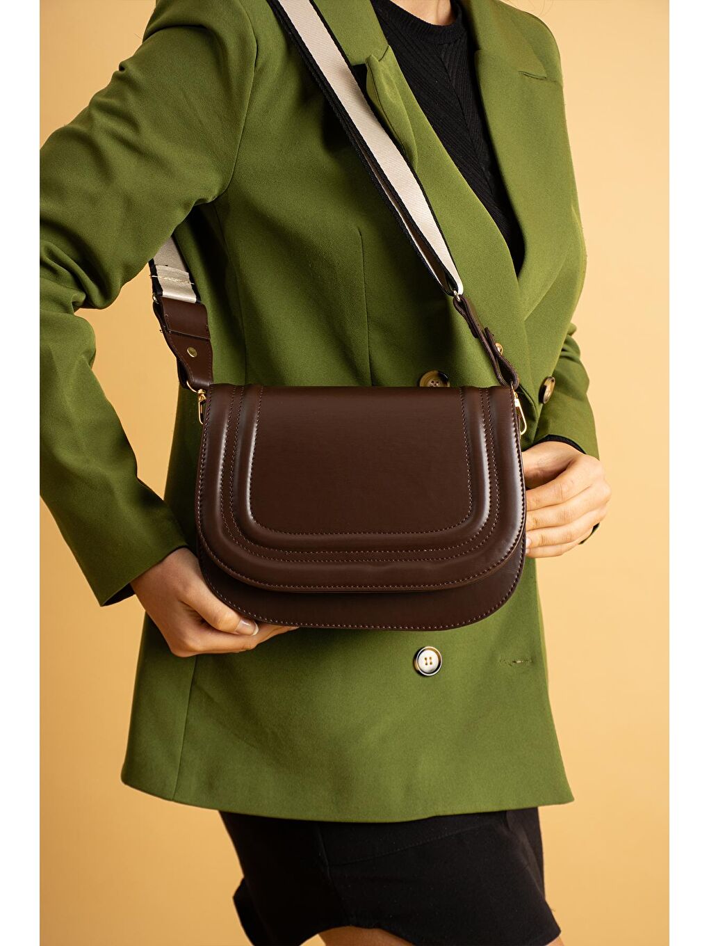 Kahverengi 5 Bölmeli Çizgili Kolon Askılı Kadın El & Omuz Çantası BAG5025-24-1