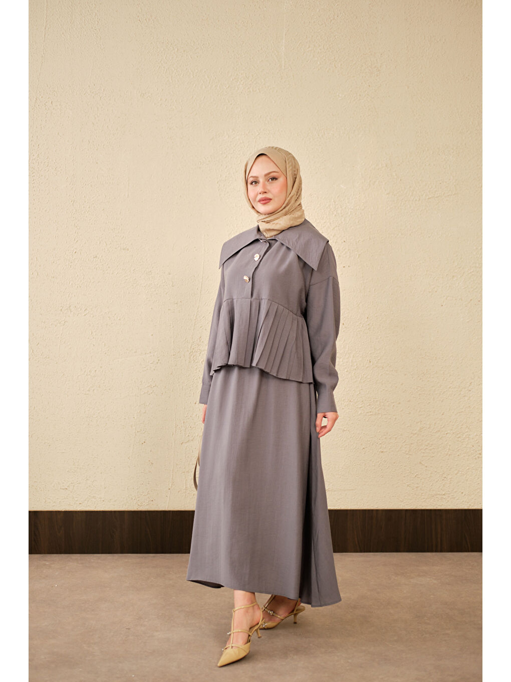 Kadın Gemici Yaka Fırfır Detay Takım Gri-4