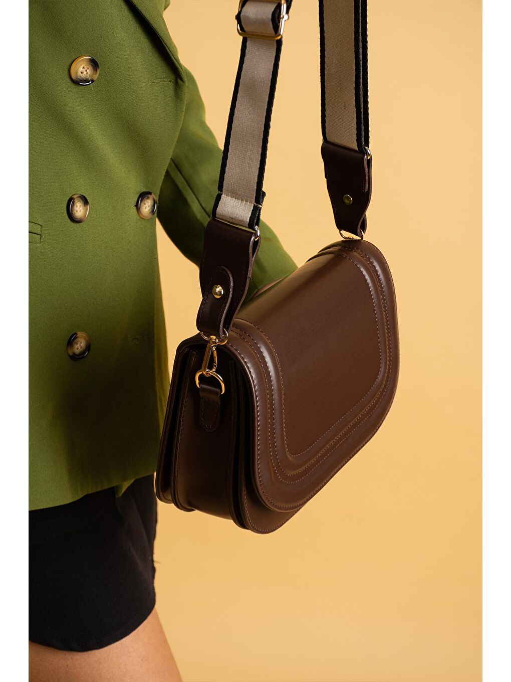 Kahverengi 5 Bölmeli Çizgili Kolon Askılı Kadın El & Omuz Çantası BAG5025-24-2