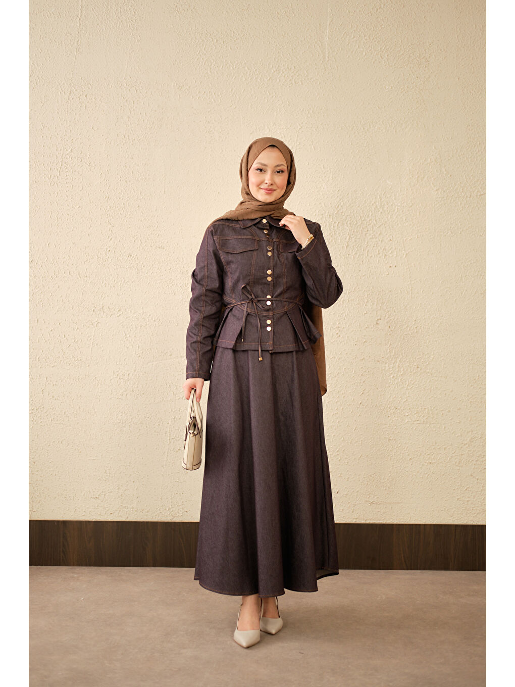 Kadın Çift Cep Görünümlü Dikiş Detay Jean Takım Mor-4