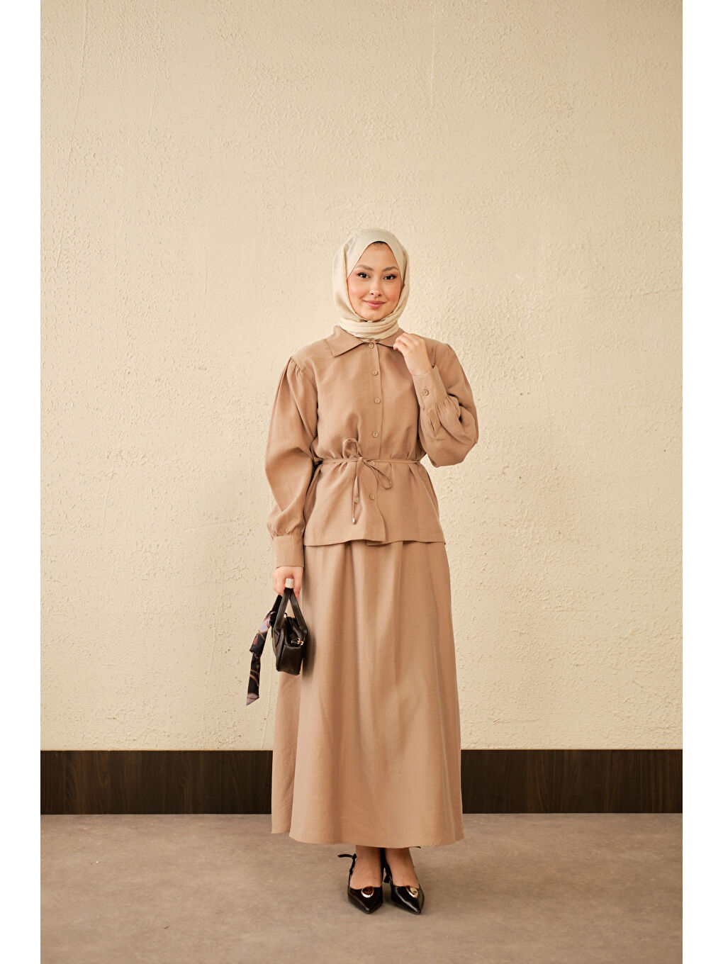 Bej Kadın Bel Bağlamalı Gömlek Takım Vizon