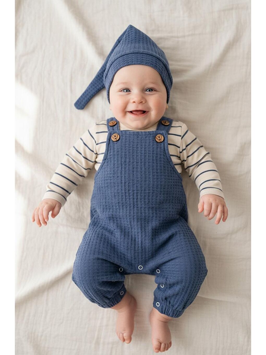 İndigo Elastanlı Gofre Salopet Sweat Bere 3lü Takım-1