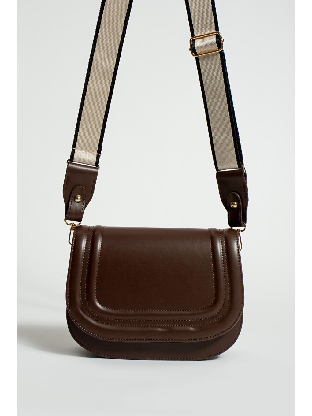 Kahverengi 5 Bölmeli Çizgili Kolon Askılı Kadın El & Omuz Çantası BAG5025-24-3