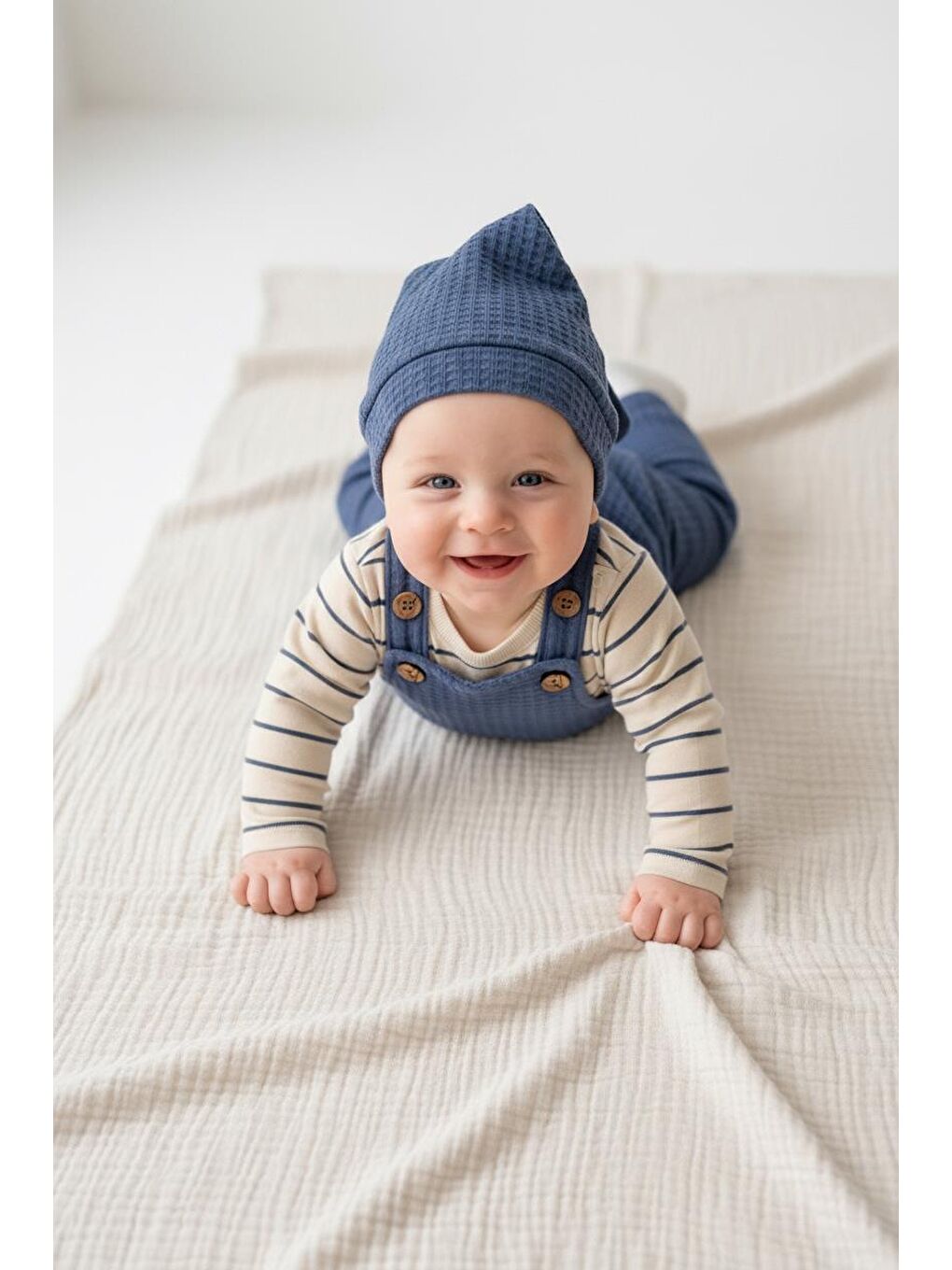 İndigo Elastanlı Gofre Salopet Sweat Bere 3lü Takım-2