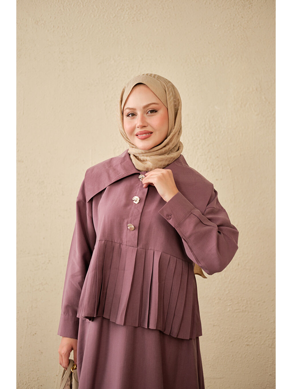 Pembe Kadın Gemici Yaka Fırfır Detay Takım Gül Kurusu-2