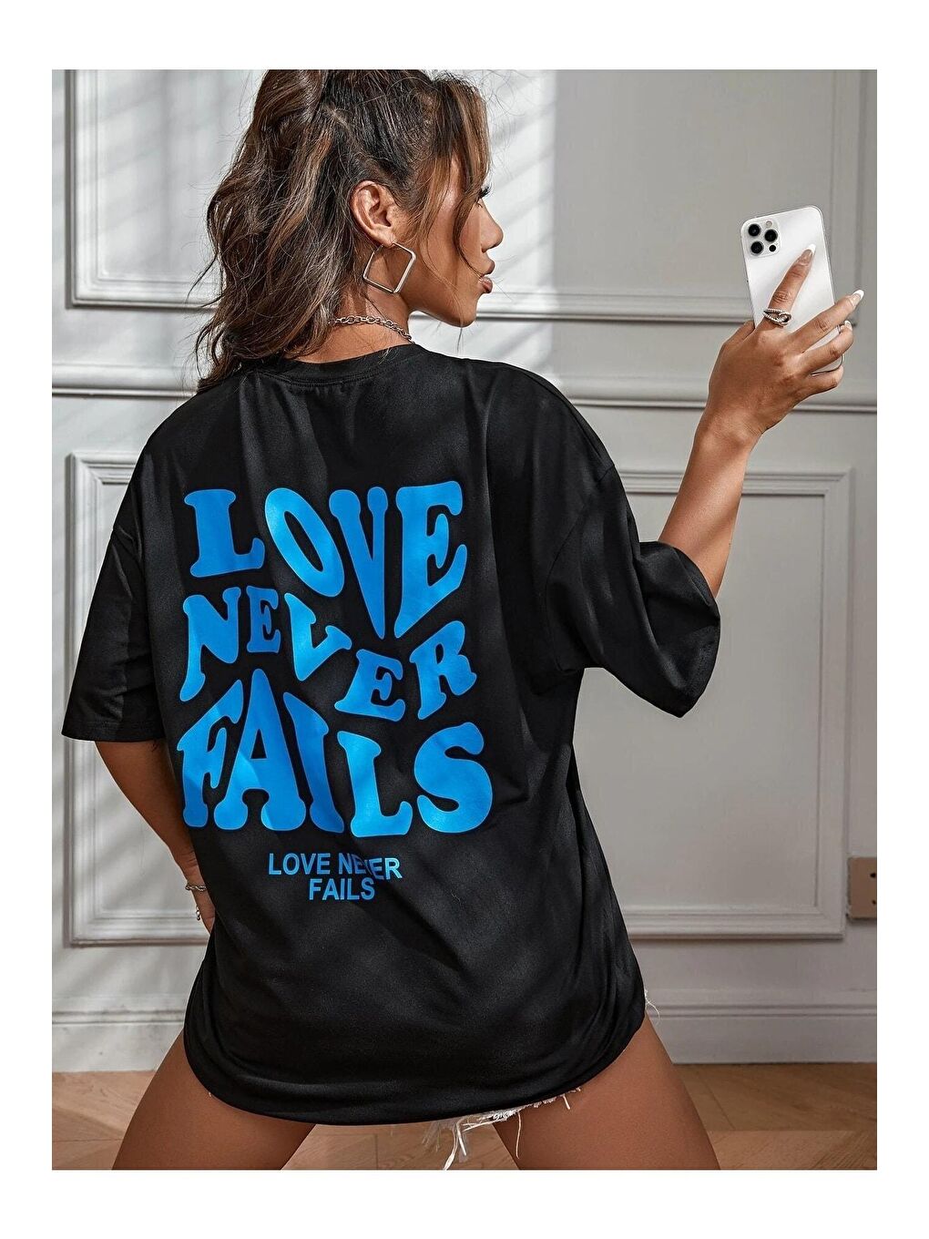 Trendseninle Siyah Kadın Siyah Love Never Fails Baskılı Oversize Tişört - 5