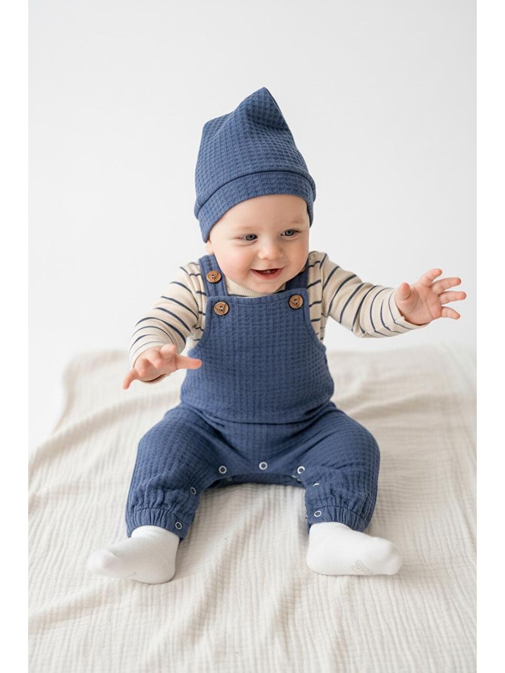 İndigo Elastanlı Gofre Salopet Sweat Bere 3lü Takım-4