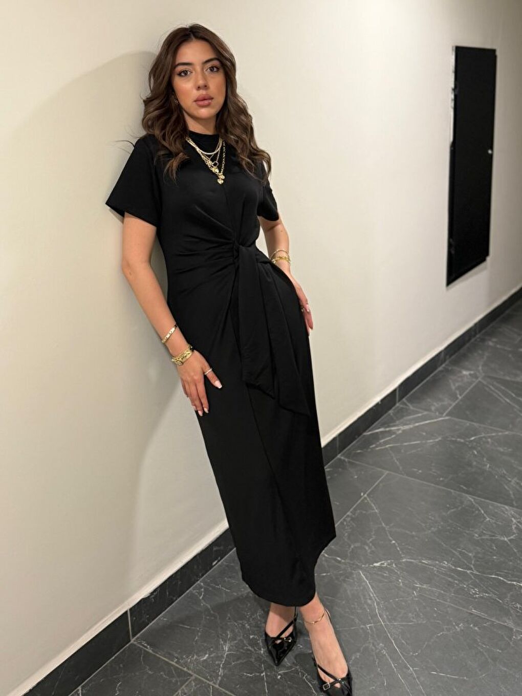 Siyah Kadın Kısa Kollu Bisiklet Yaka Yandan Bağlamalı Viskon Iki Iplik Elbise-1