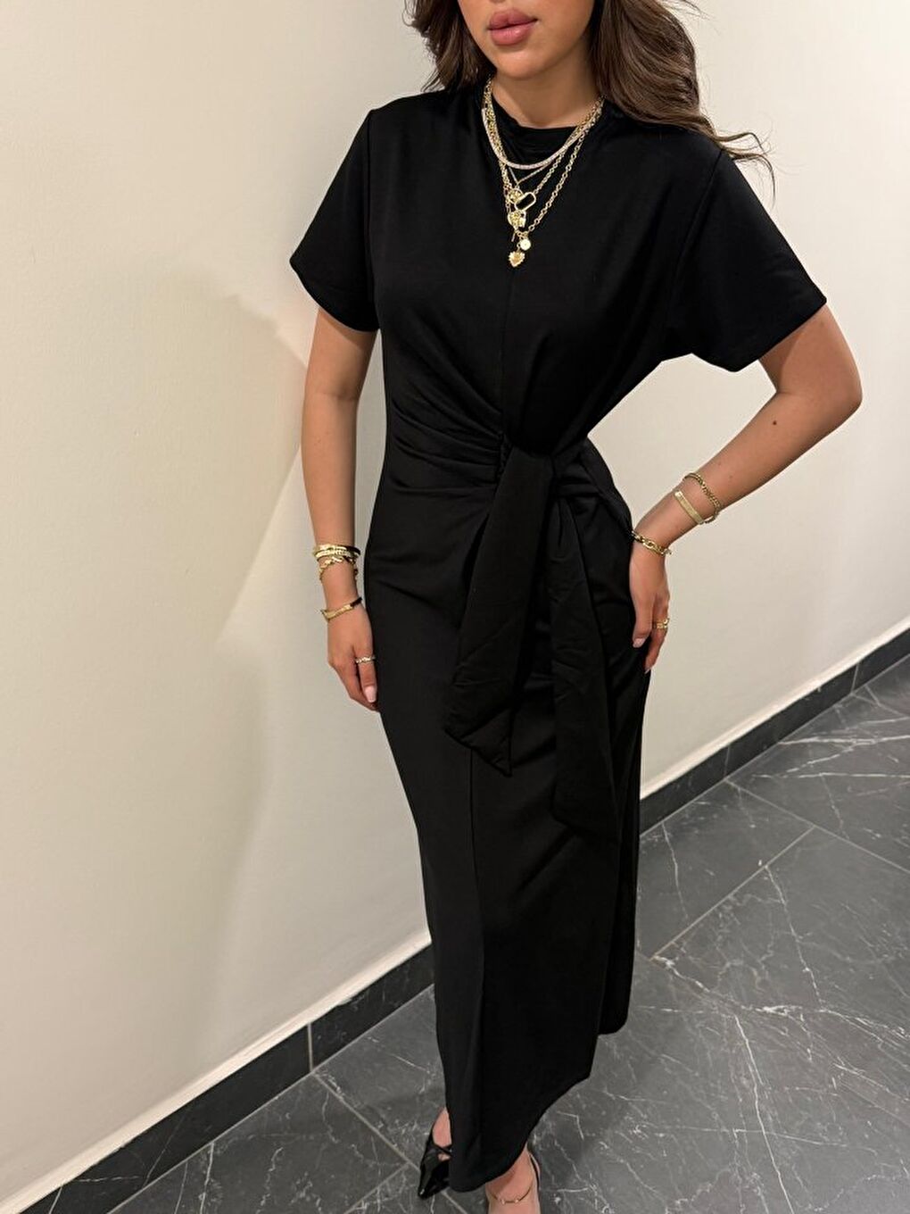 Siyah Kadın Kısa Kollu Bisiklet Yaka Yandan Bağlamalı Viskon Iki Iplik Elbise-2