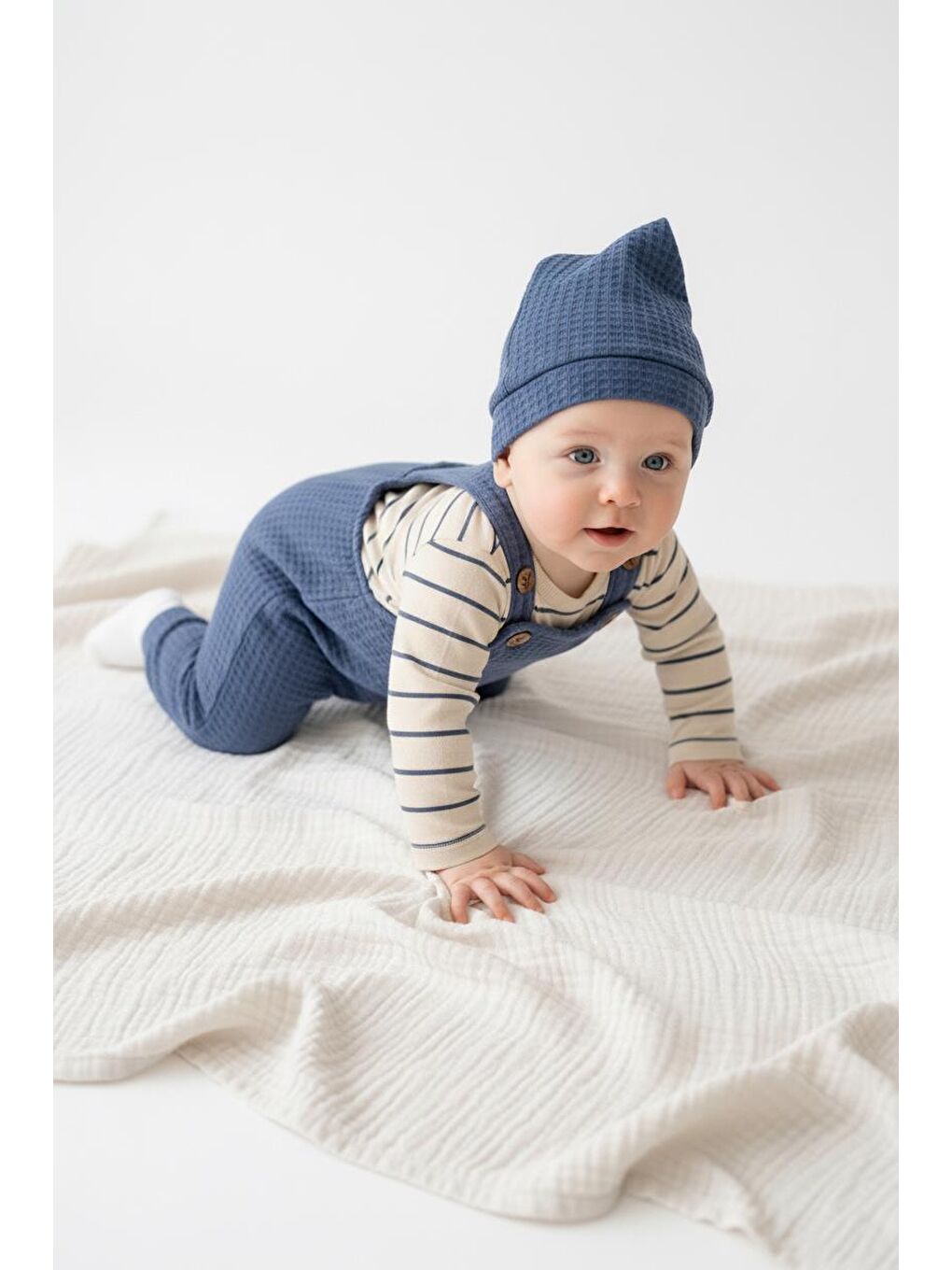 İndigo Elastanlı Gofre Salopet Sweat Bere 3lü Takım-5