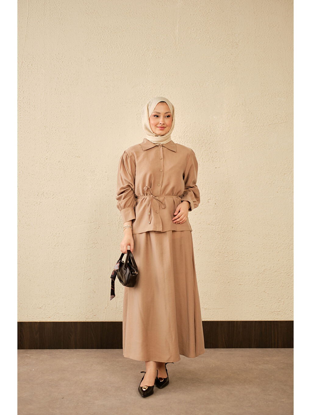 Bej Kadın Bel Bağlamalı Gömlek Takım Vizon-1