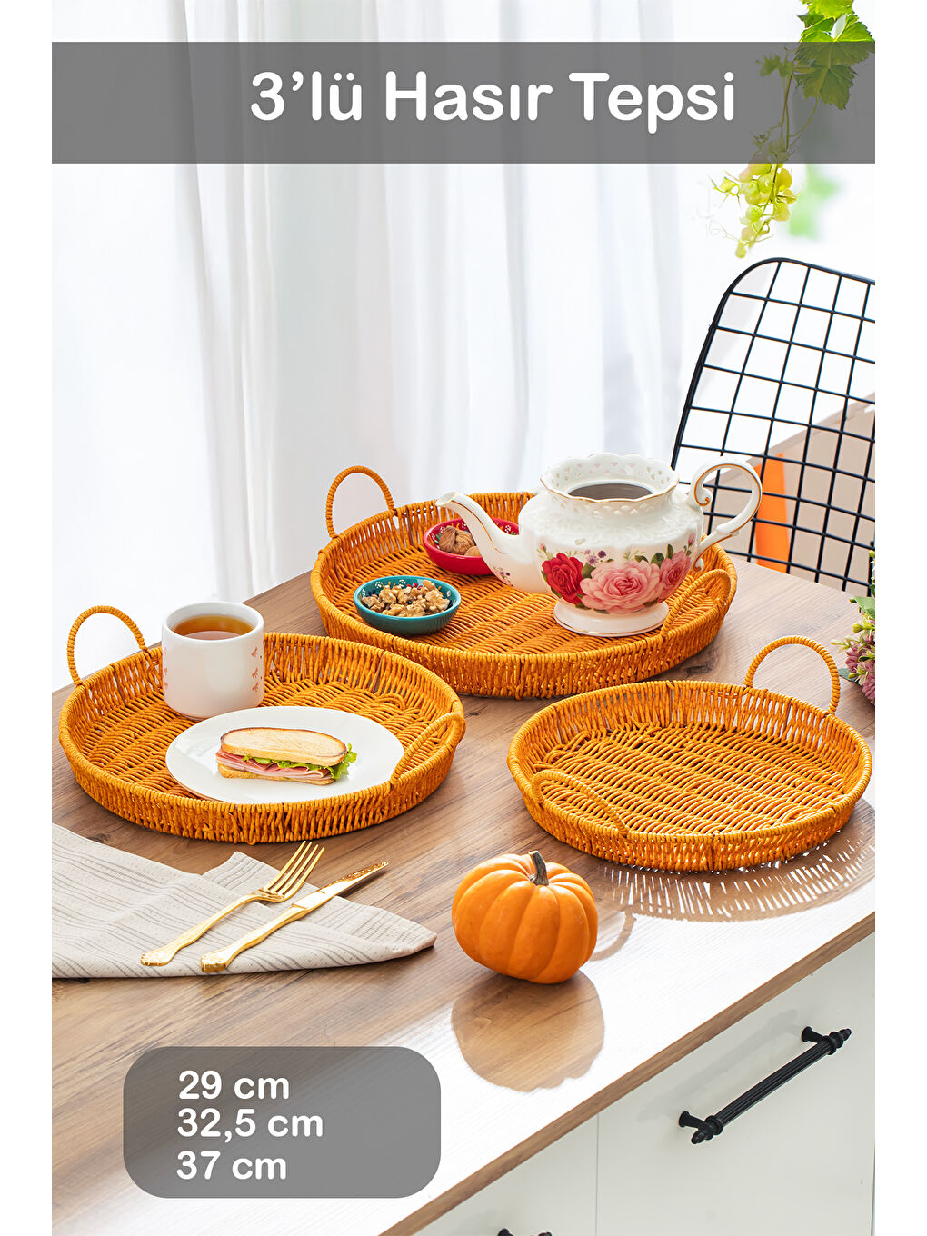 Kahverengi 710-A Yuvarlak 3'lü Dekoratif Ev Mutfak Düzenleyici Kulplu Hasır Sepet Seti Hasır Tepsi